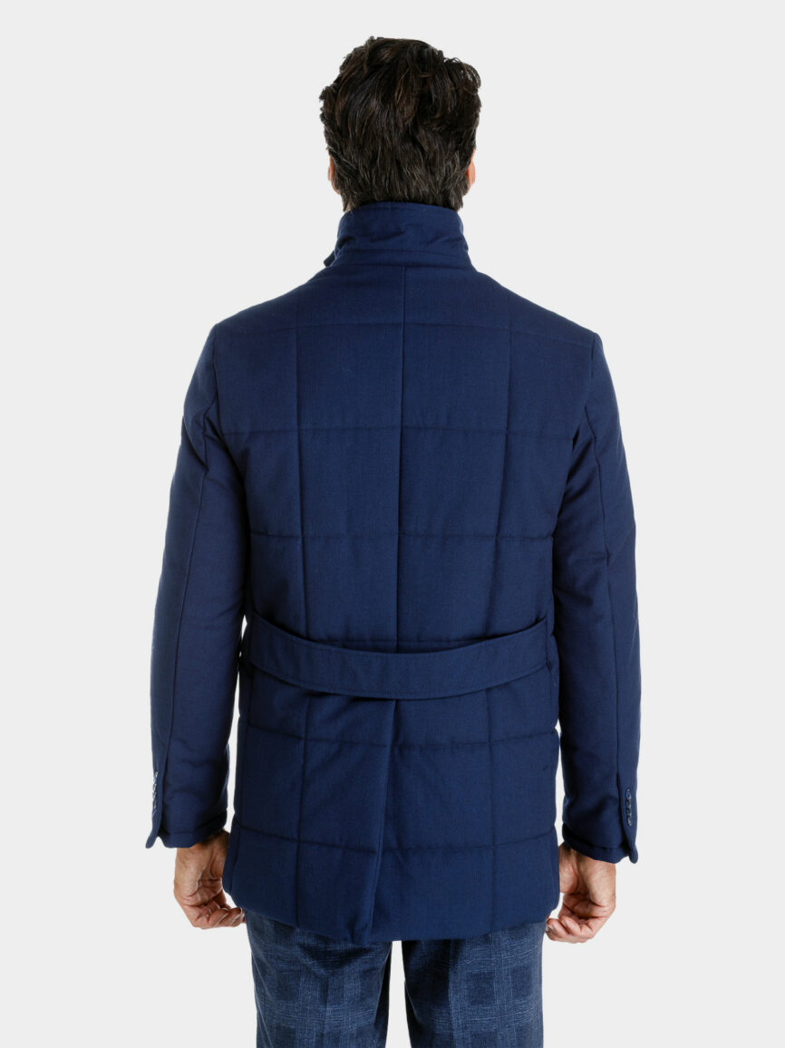 Blue long padded partridge eye waterproof fabric jacket with neck warmer