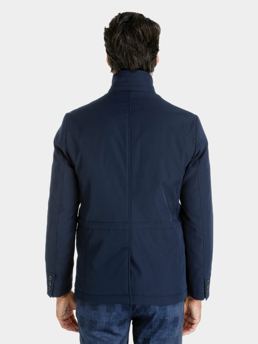 Blue waterproof padded field jacket with neck warmer