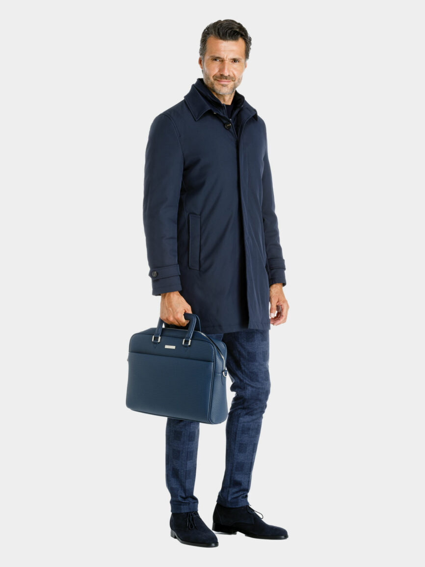 Bleu technical waterproof fabric overcoat with neck warmer