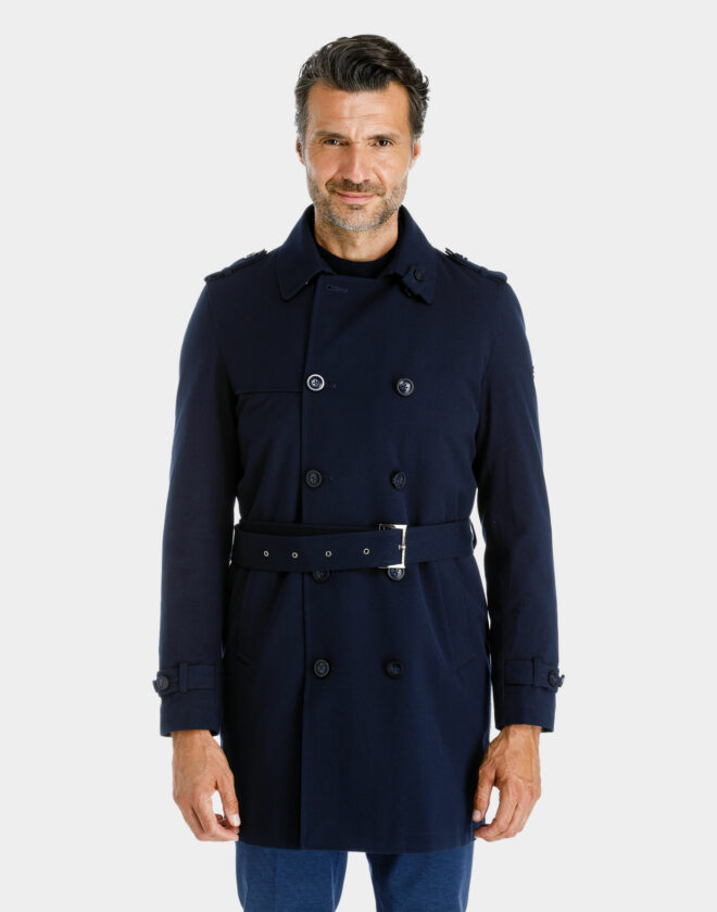 Blue double-breasted diagonal waterproof trench coat
