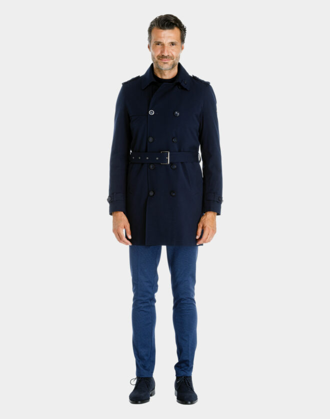 Blue double-breasted diagonal waterproof trench coat