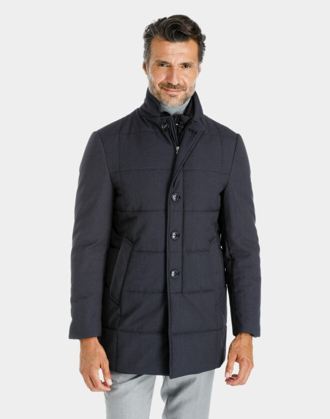 Grey long padded partridge eye waterproof fabric jacket with neck warmer