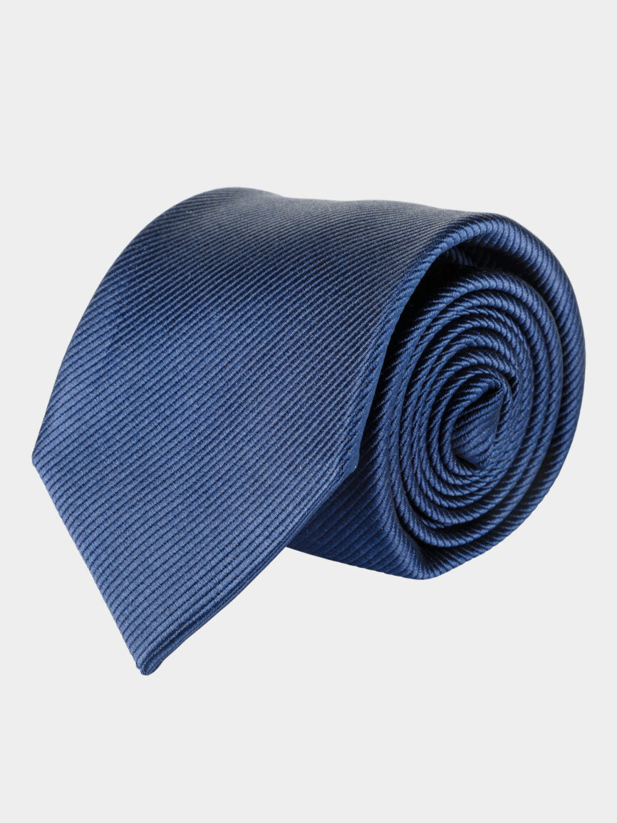 Cravatta a righe in seta blu con fantasia Mogador