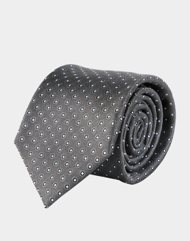 Cravatta in seta girgio scuro con motivo fantasia a cerchi