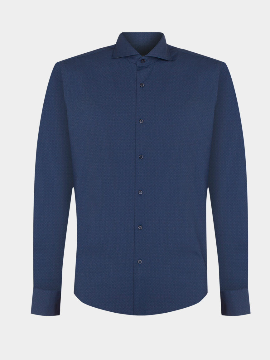 Blue Printed Cotton Stretch Super Slim Fit Shirt