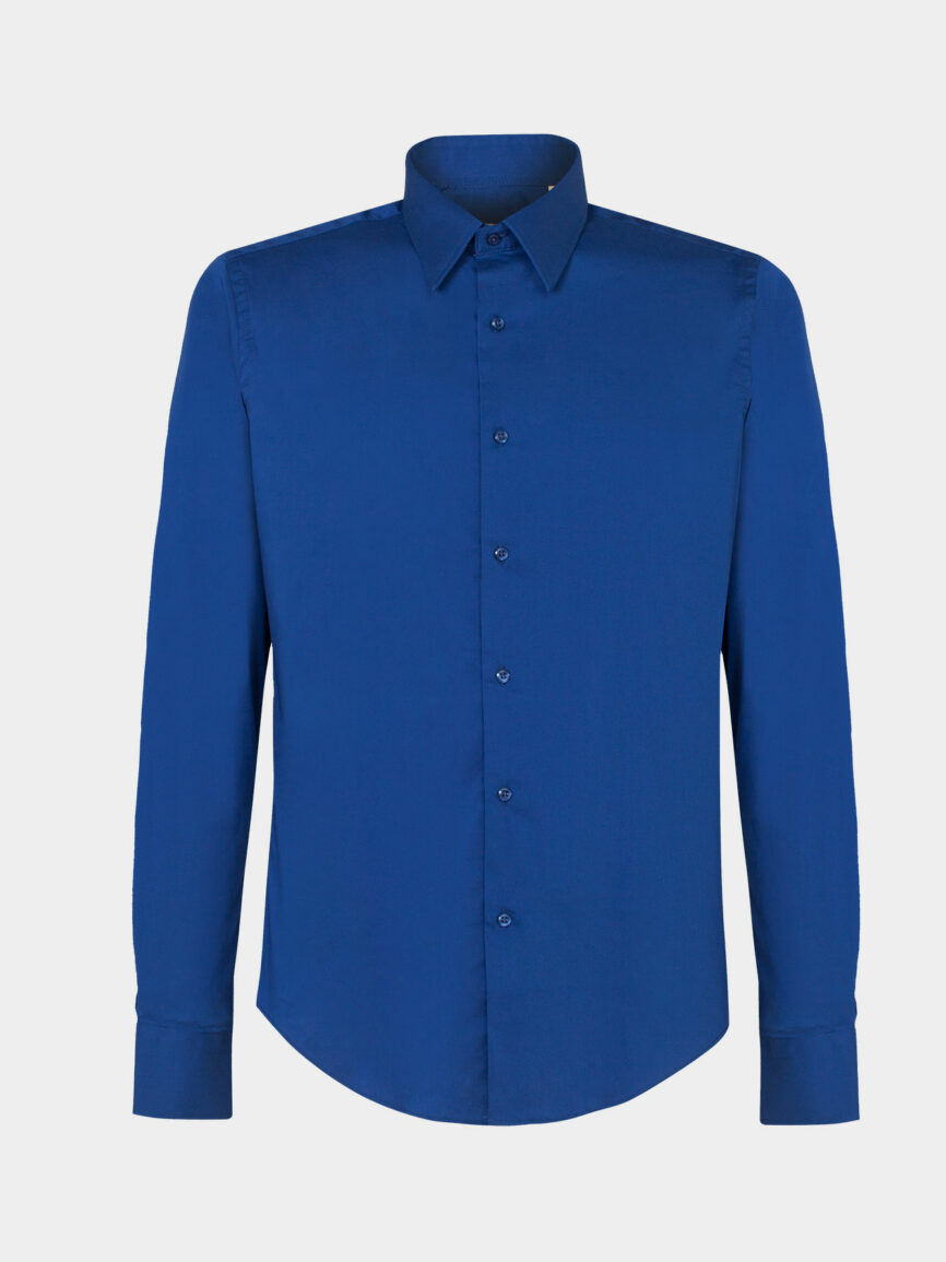 Electric Blue Shirt In Cotton Poplin Stretch Slim Fit