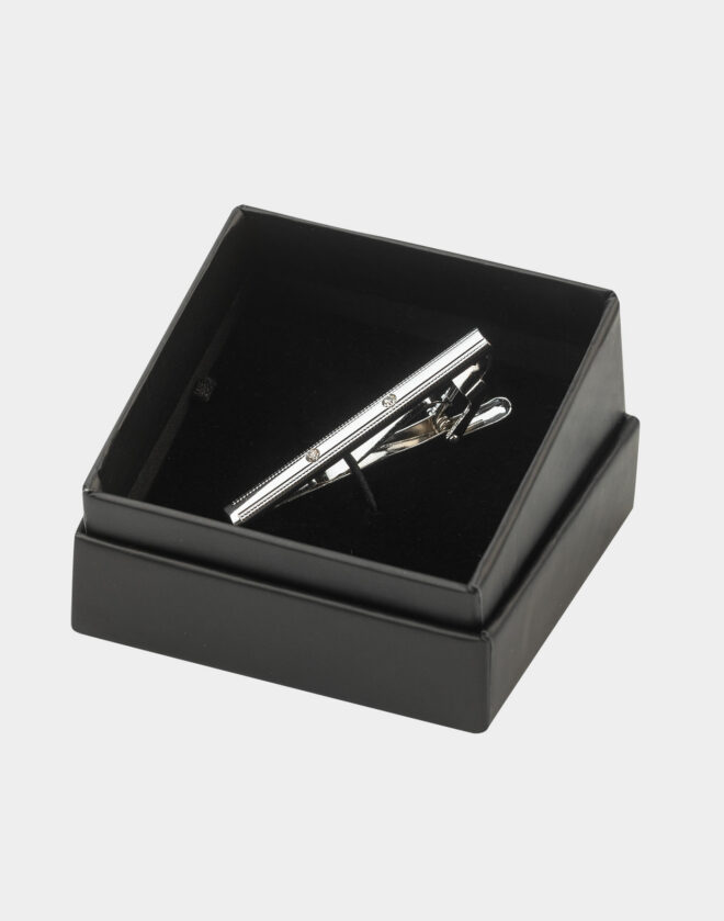 Rectangular silver tie clip with two stones