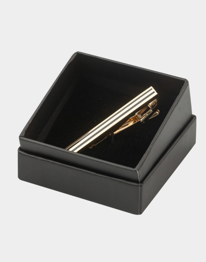 Rectangular gold tie clip with black stripes