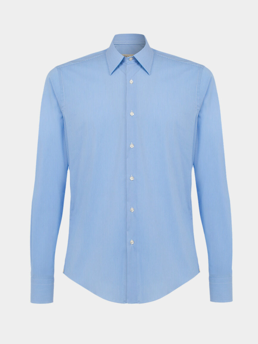 Light Blue Striped Cotton Twill Stretch Slim Fit Shirt