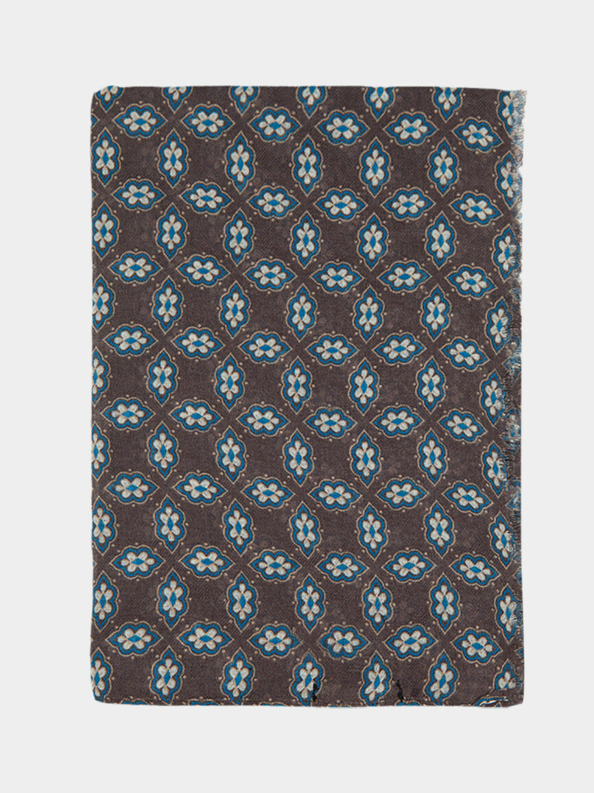 Grey Floral Print Wool Scarf