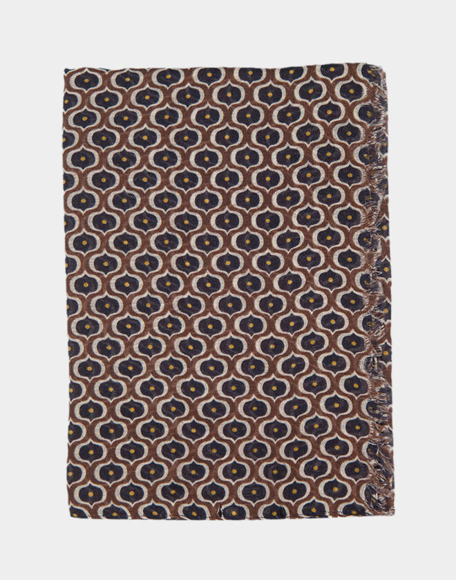 Wool Scarf Printed Circle Pattern Brown