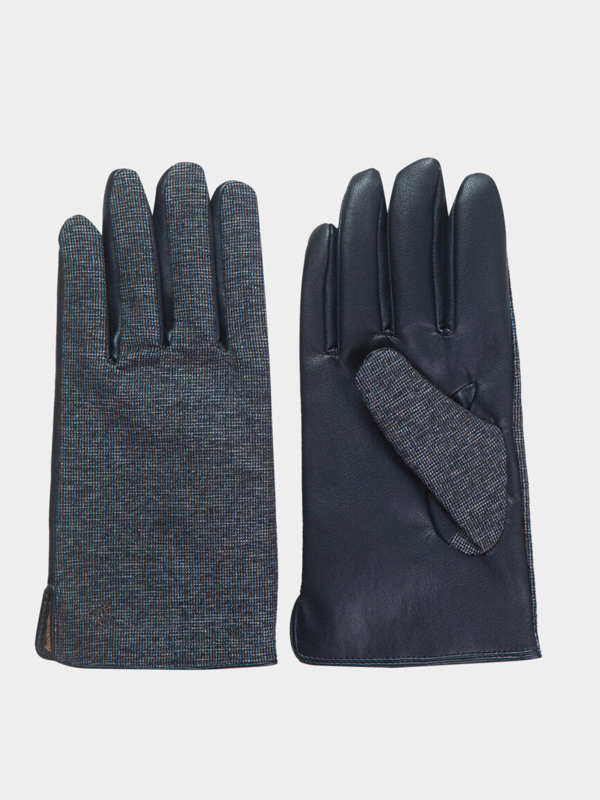 Blue cotton gloves with pied de poule pattern