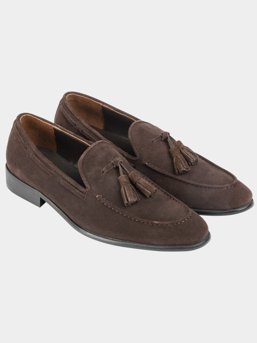 Brown suede loafers with tassels