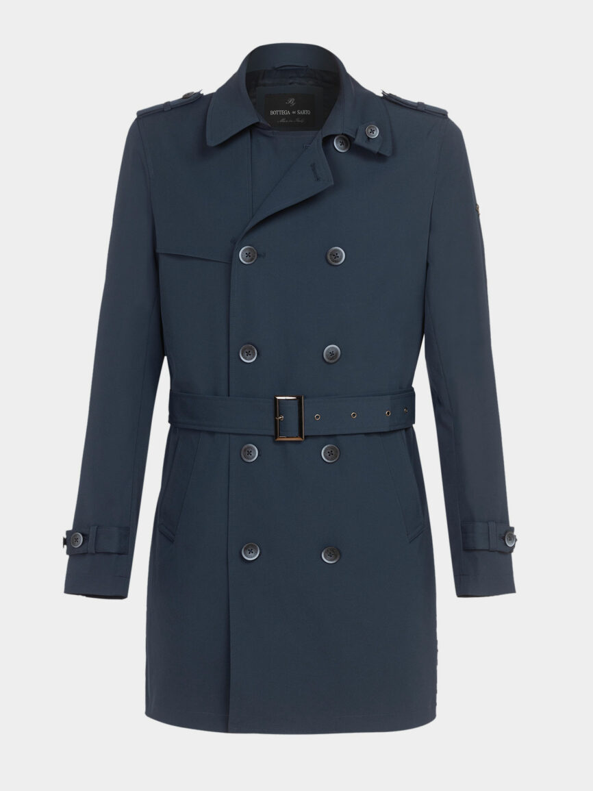 Blue double-breasted trench coat in waterproof fabric