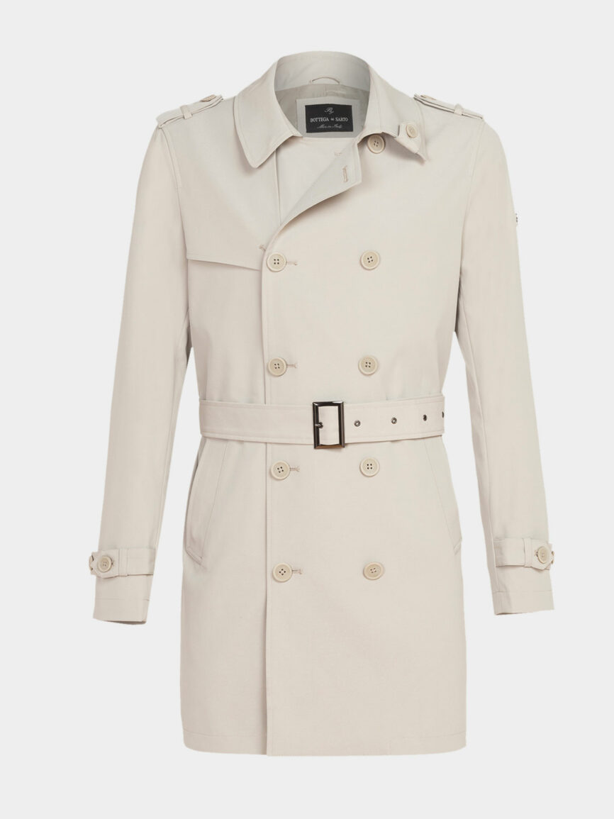 Ecru double-breasted trench coat in waterproof fabric