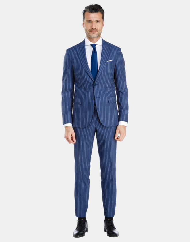 Single-breasted Milan light blue pinstriped suit