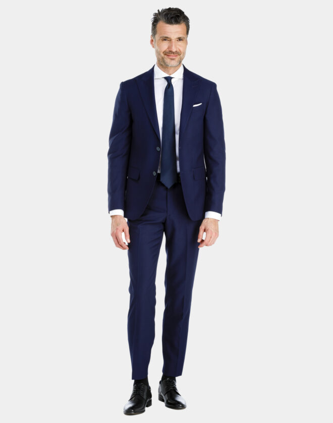 Single-breasted Milan suit with navy blue jacquard pattern