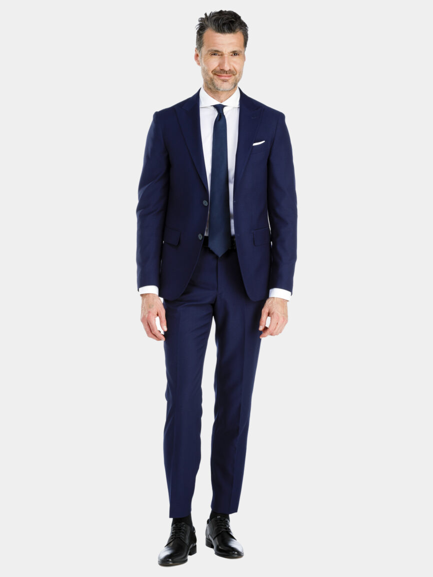 Single-breasted Milan suit with navy blue jacquard pattern