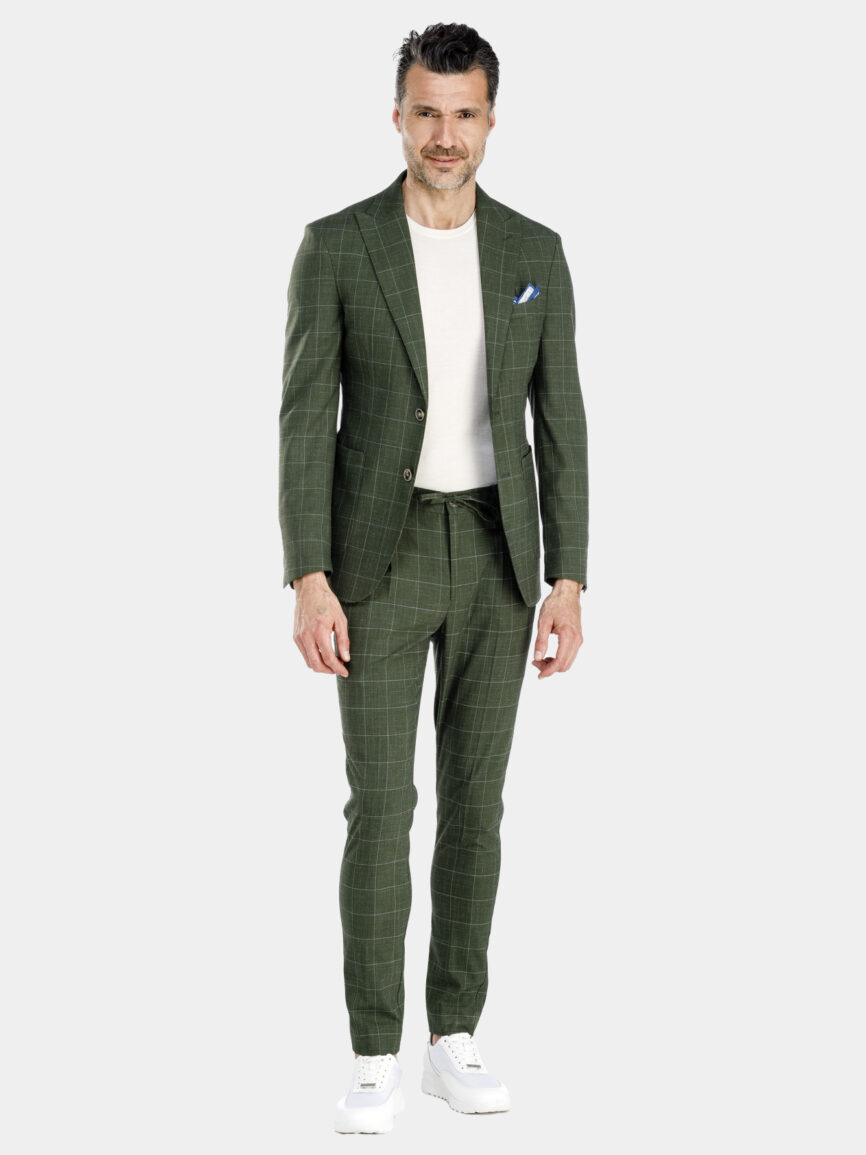 Milano single-breasted linen canvas jacket with green overcheck design