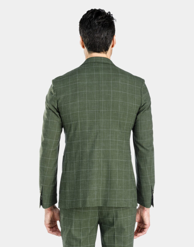 Giacca Milano monopetto in tela di lino con disegno overcheck verde