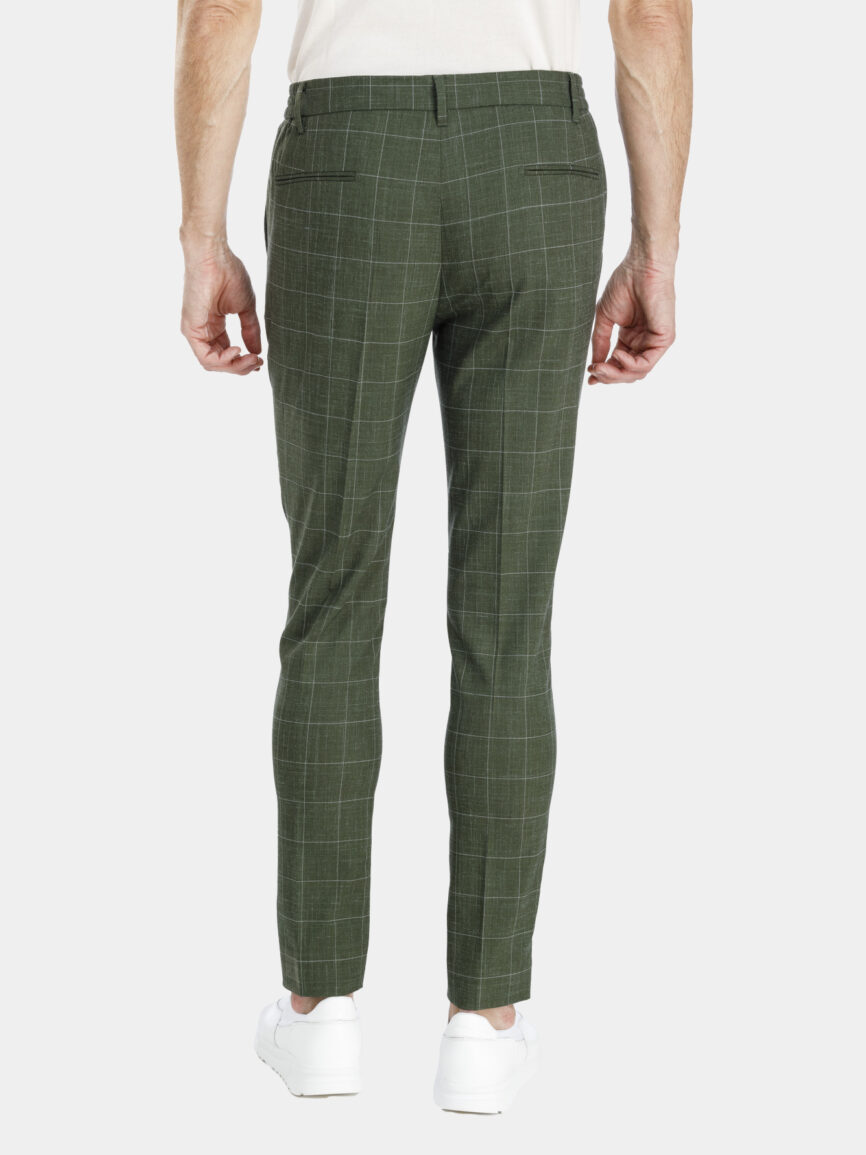 Pantalone con Coulisse in tela di lino con disegno overcheck verde