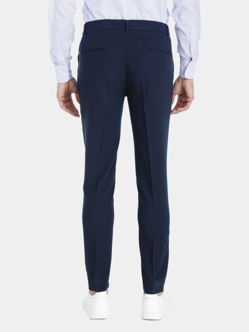 Blue Cotton seersucker trousers with pied de poule pattern
