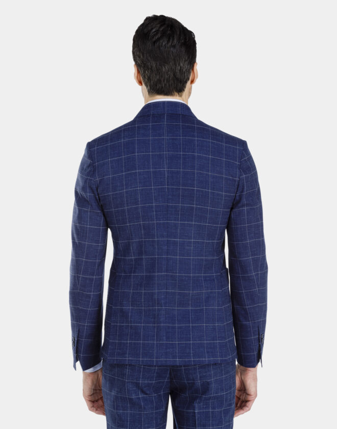 Florence double-breasted linen canvas jacket with blue overcheck design