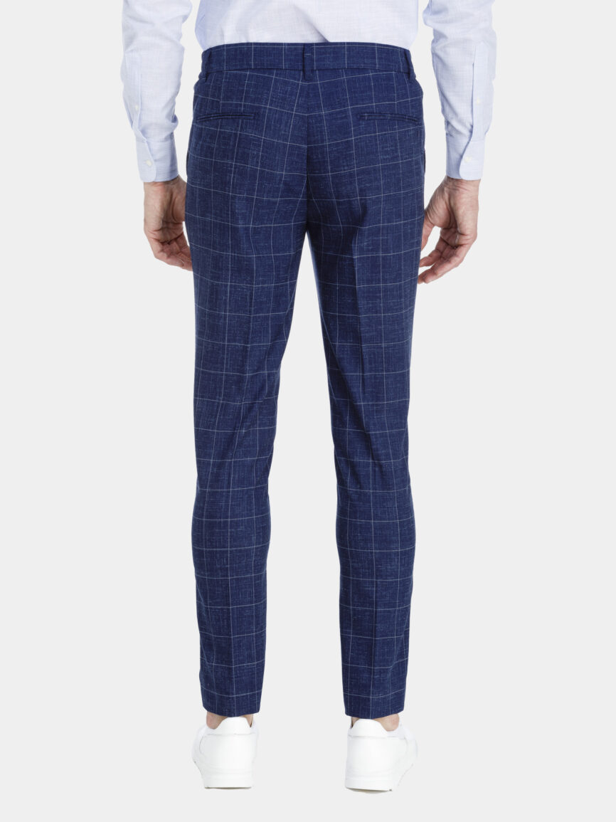 Pantalone in tela di lino con disegno overcheck blu