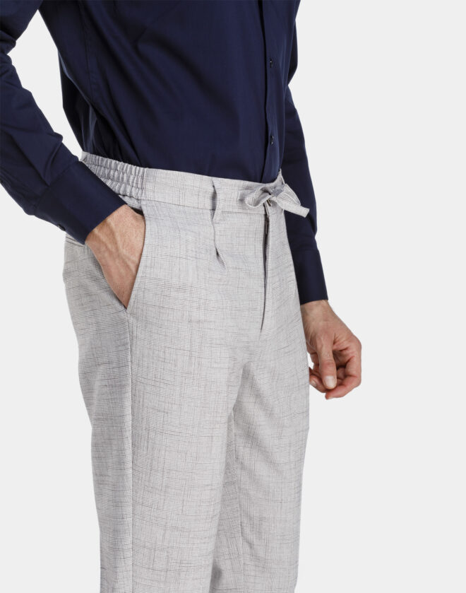Drawstring linen pants with grey Prince of Wales design