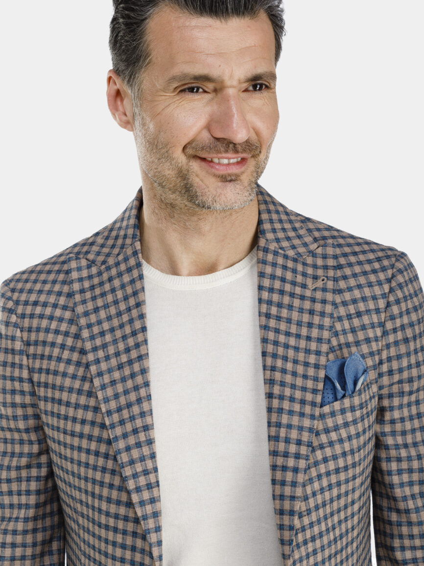 Milano single-breasted linen jacket with blue and beige check pattern