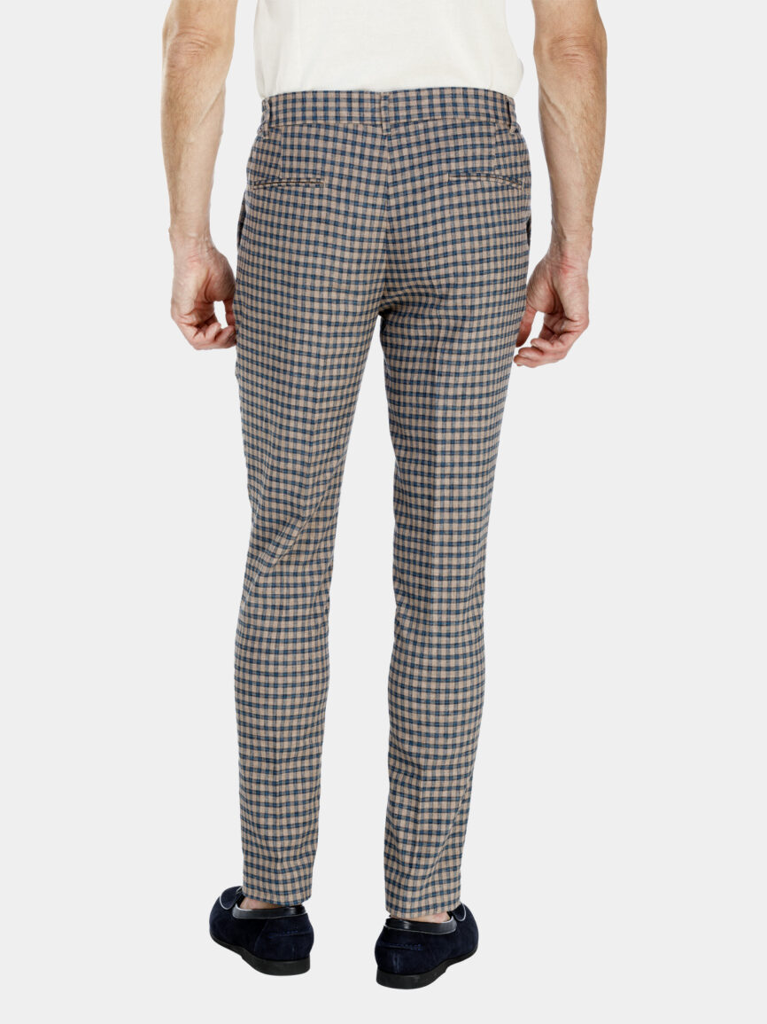 Linen trousers with blue and beige check