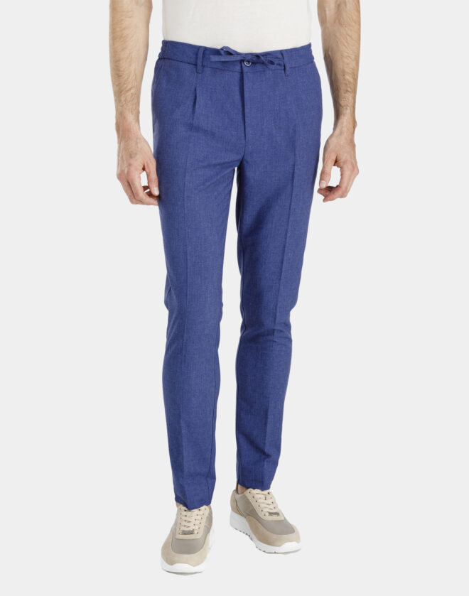Drawstring linen melange blue trousers