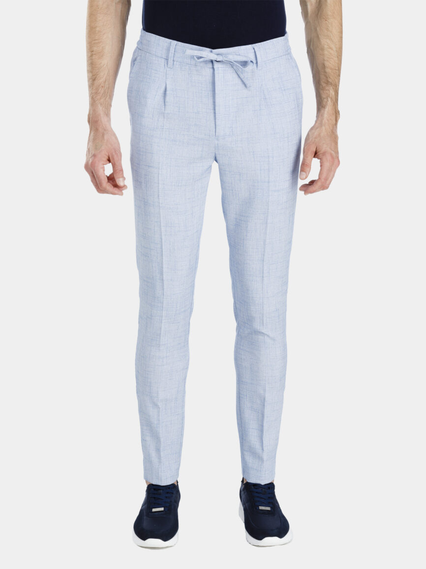 Pantalone con Coulisse in lino con disegno principe di galles azzurro