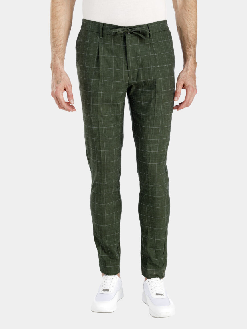 Drawstring trousers in linen with green overcheck design