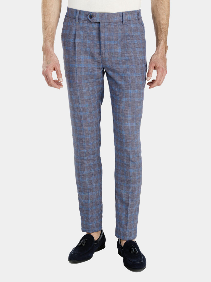 Pantalone in lino con disegno principe di galles grigio