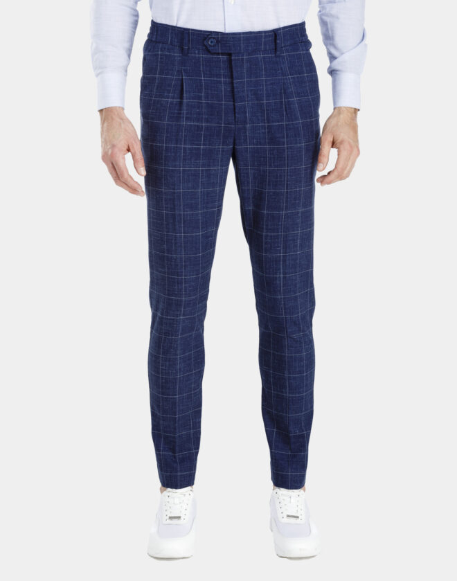 Blue linen trousers with overcheck pattern