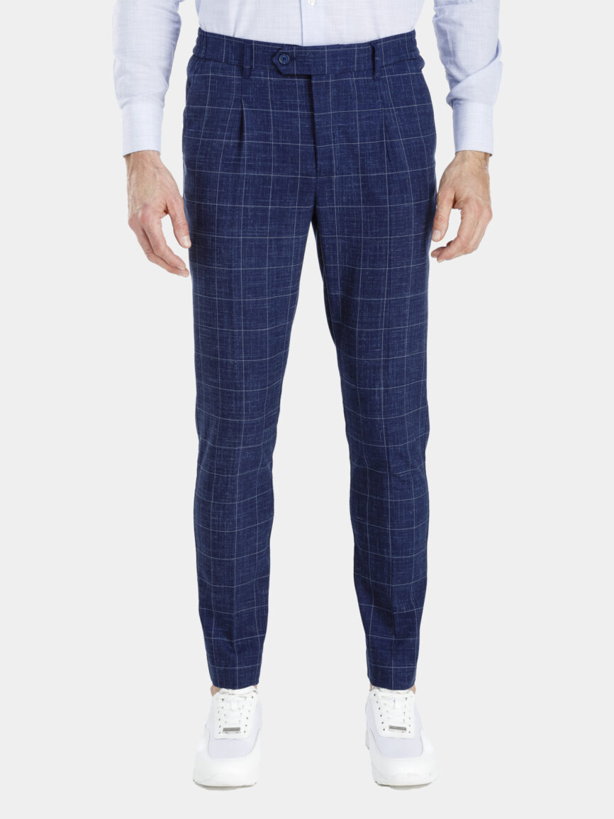 Blue linen trousers with overcheck pattern