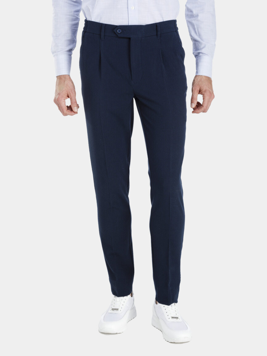Blue Cotton seersucker trousers with pied de poule pattern