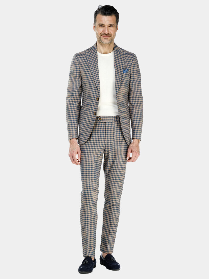 Milano single-breasted linen jacket with blue and beige check pattern