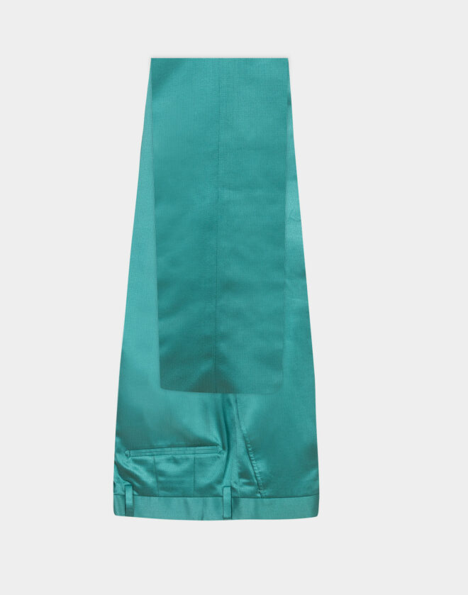 Venice evening dress in emerald green satin fabric with peaked lapels