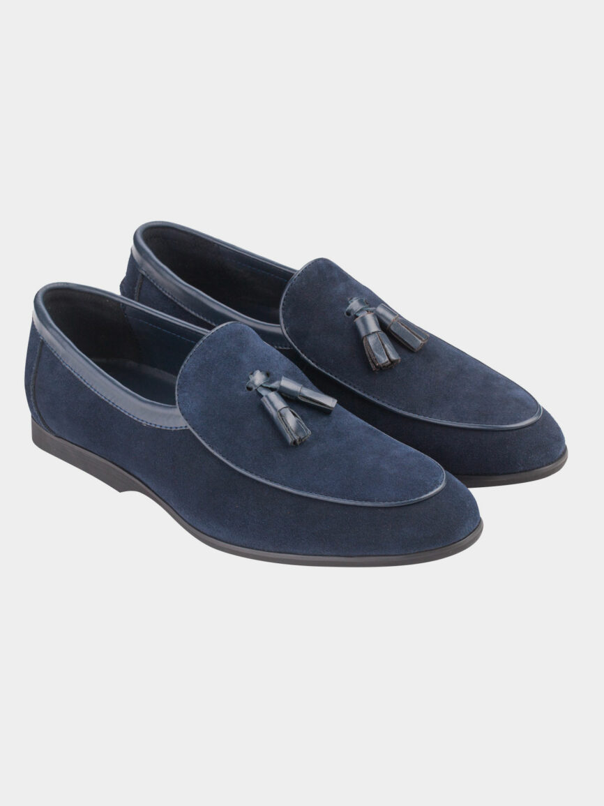 Blue suede loafers with tassels