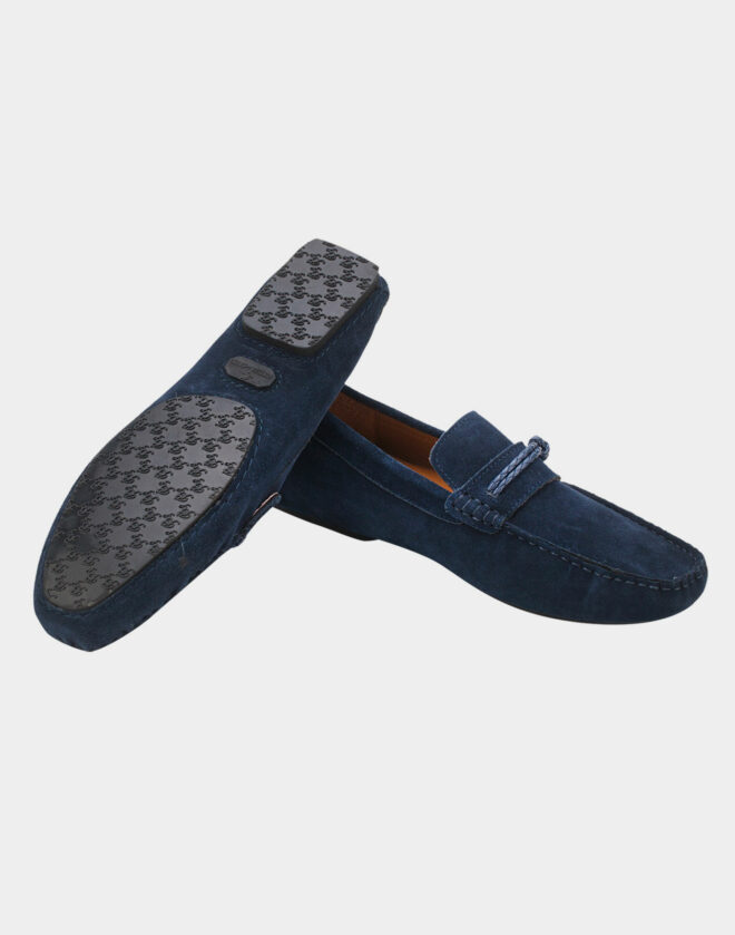 Blue boat loafers with leather detailing