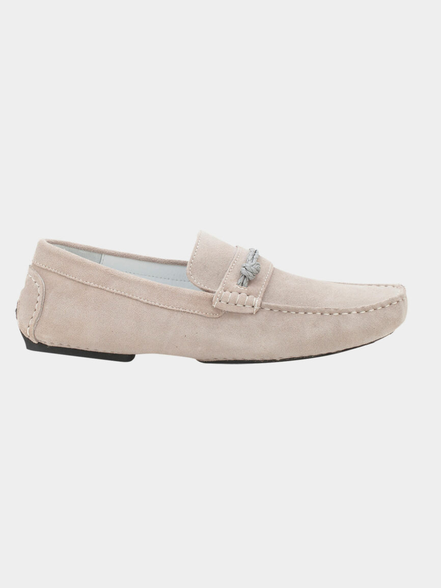 Ecru boat loafers with leather detailing