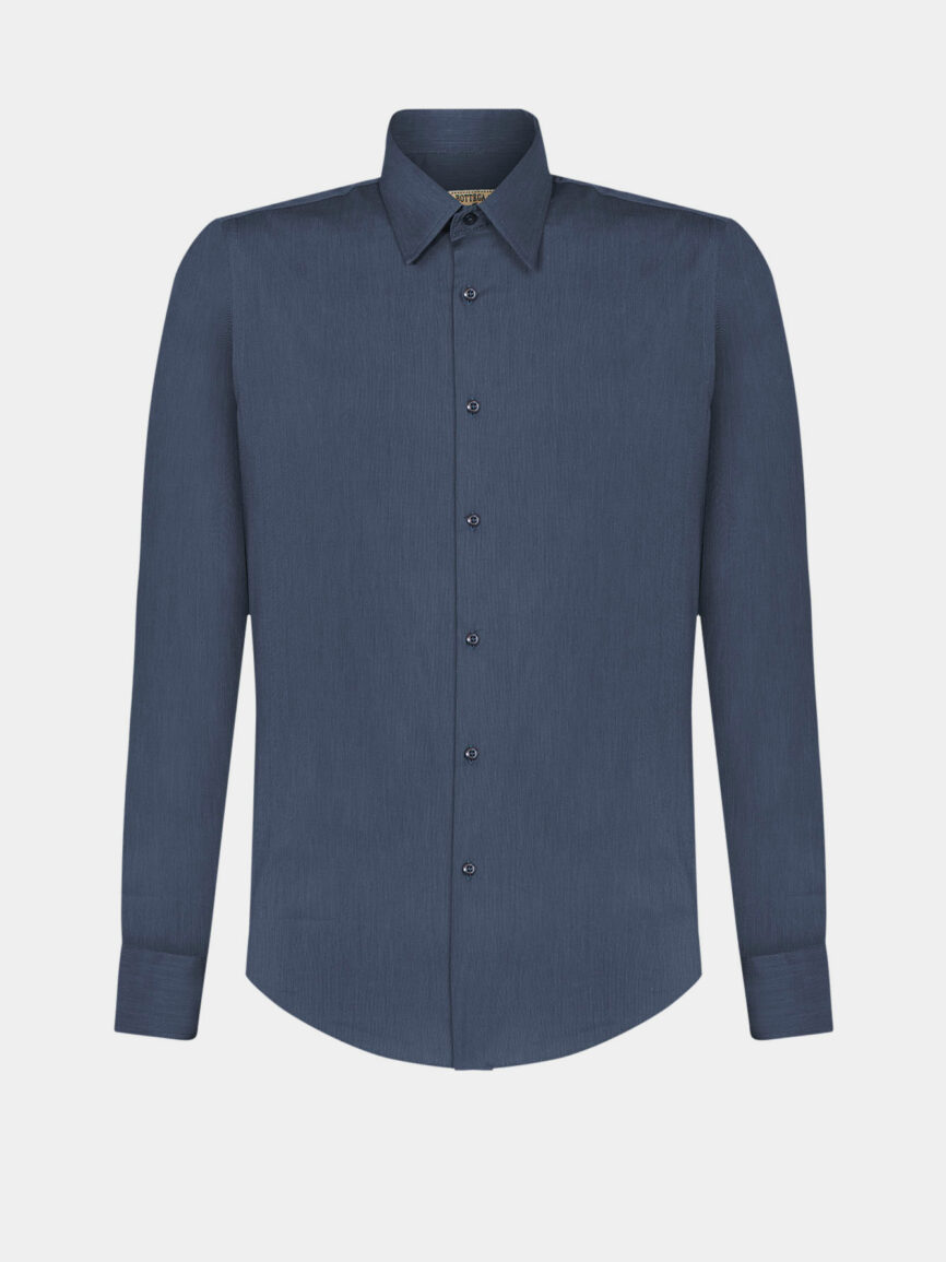 Camicia Blu a righe in popeline di cotone Elasticizzato Slim Fit