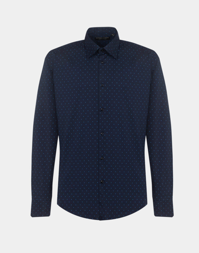 Camicia blu con disegno geometrico In Popeline di cotone Elasticizzato Slim Fit