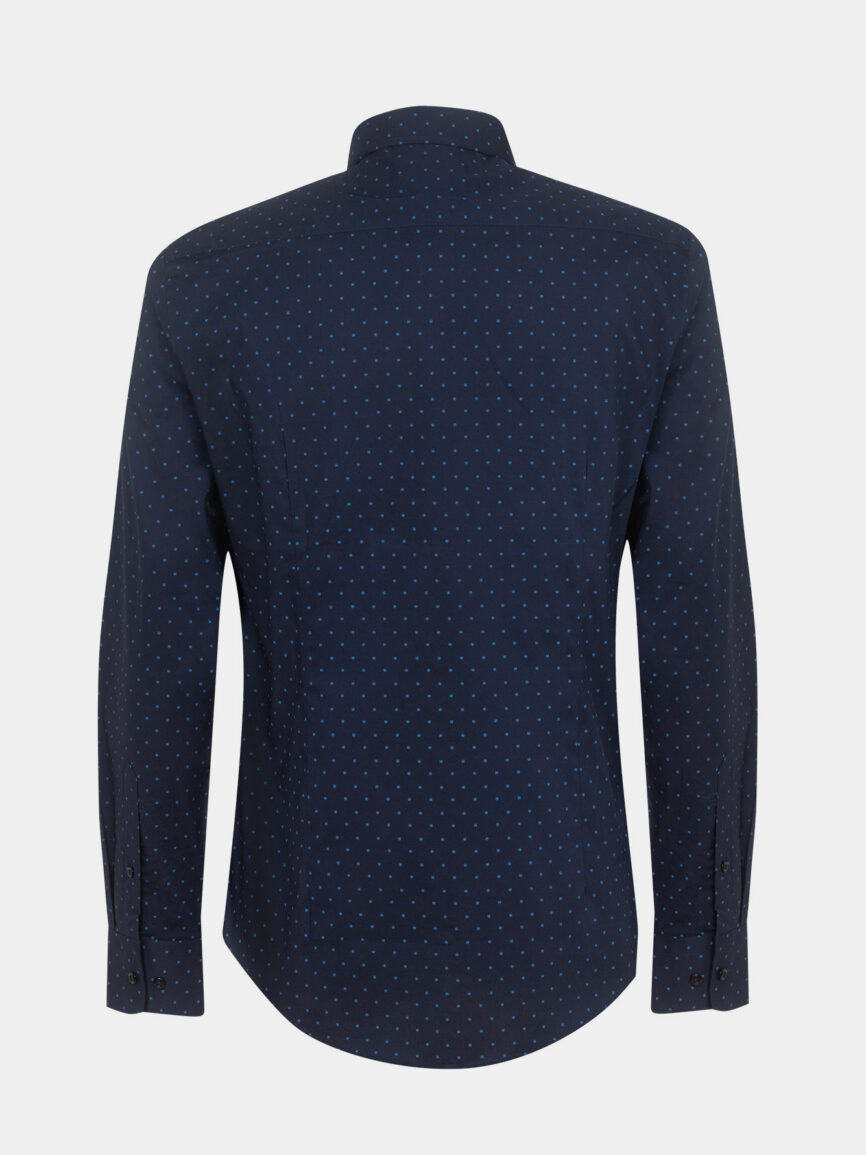 Blue shirt with geometric pattern in stretch cotton poplin, slim fit