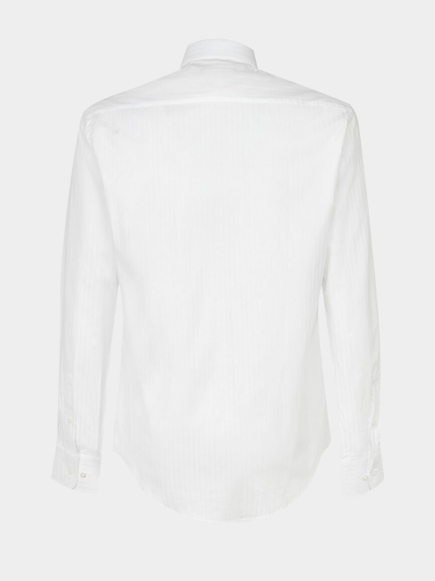 White Diagonal Striped Cotton Twill Stretch Slim Fit Shirt