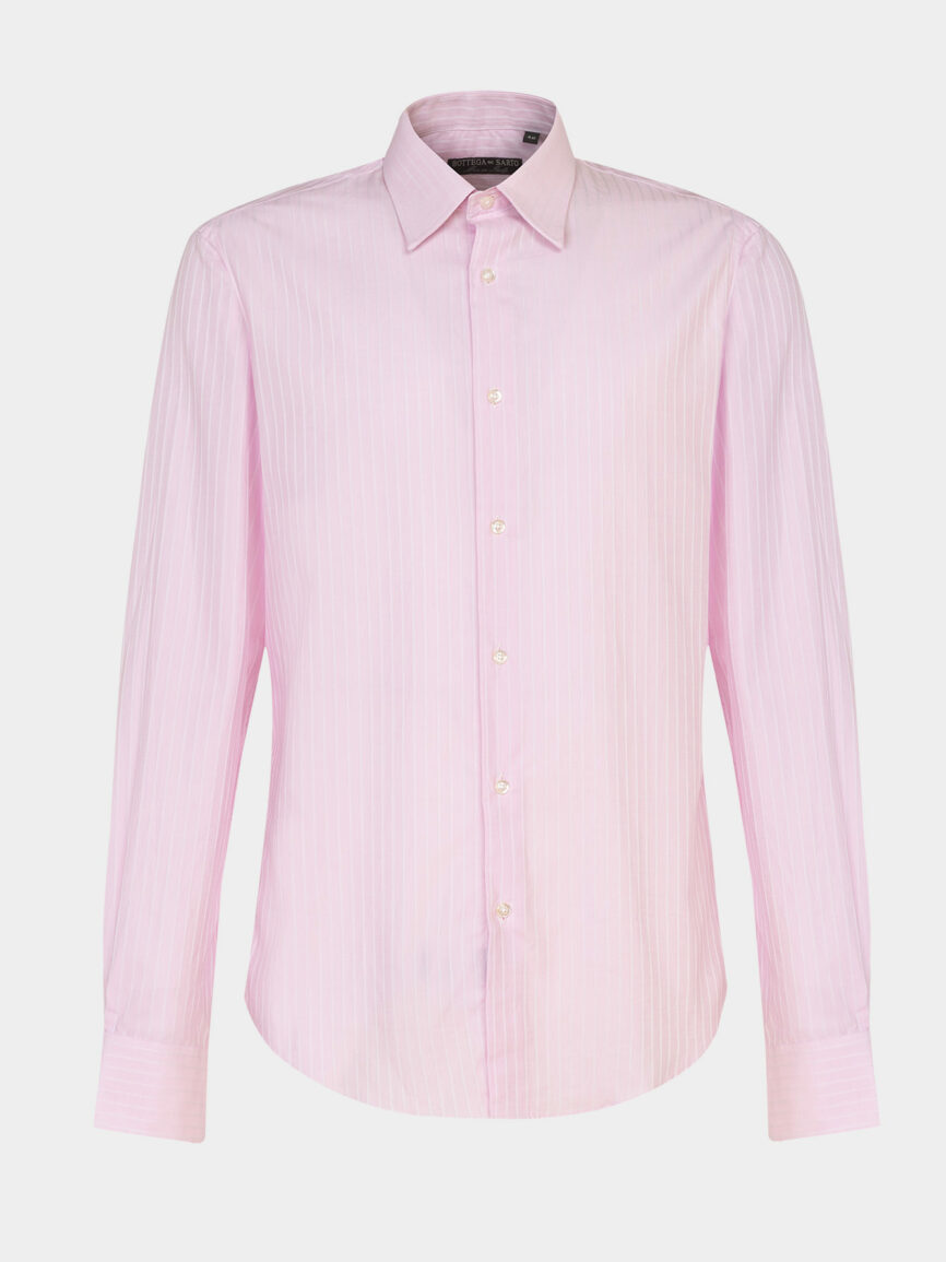 Pink Diagonal Striped Cotton Twill Stretch Slim Fit Shirt