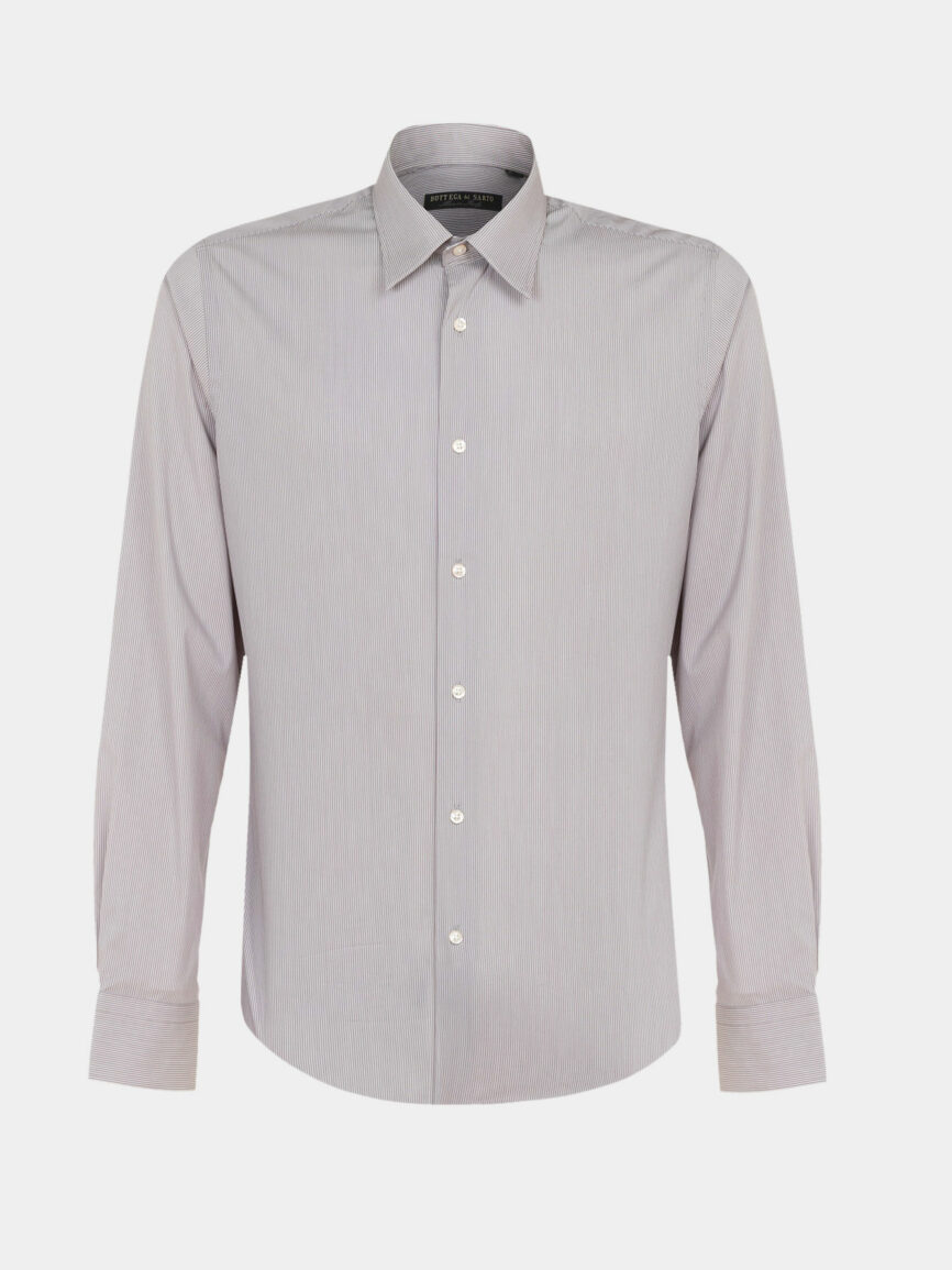 Light grey Striped Cotton Twill Stretch Slim Fit Shirt