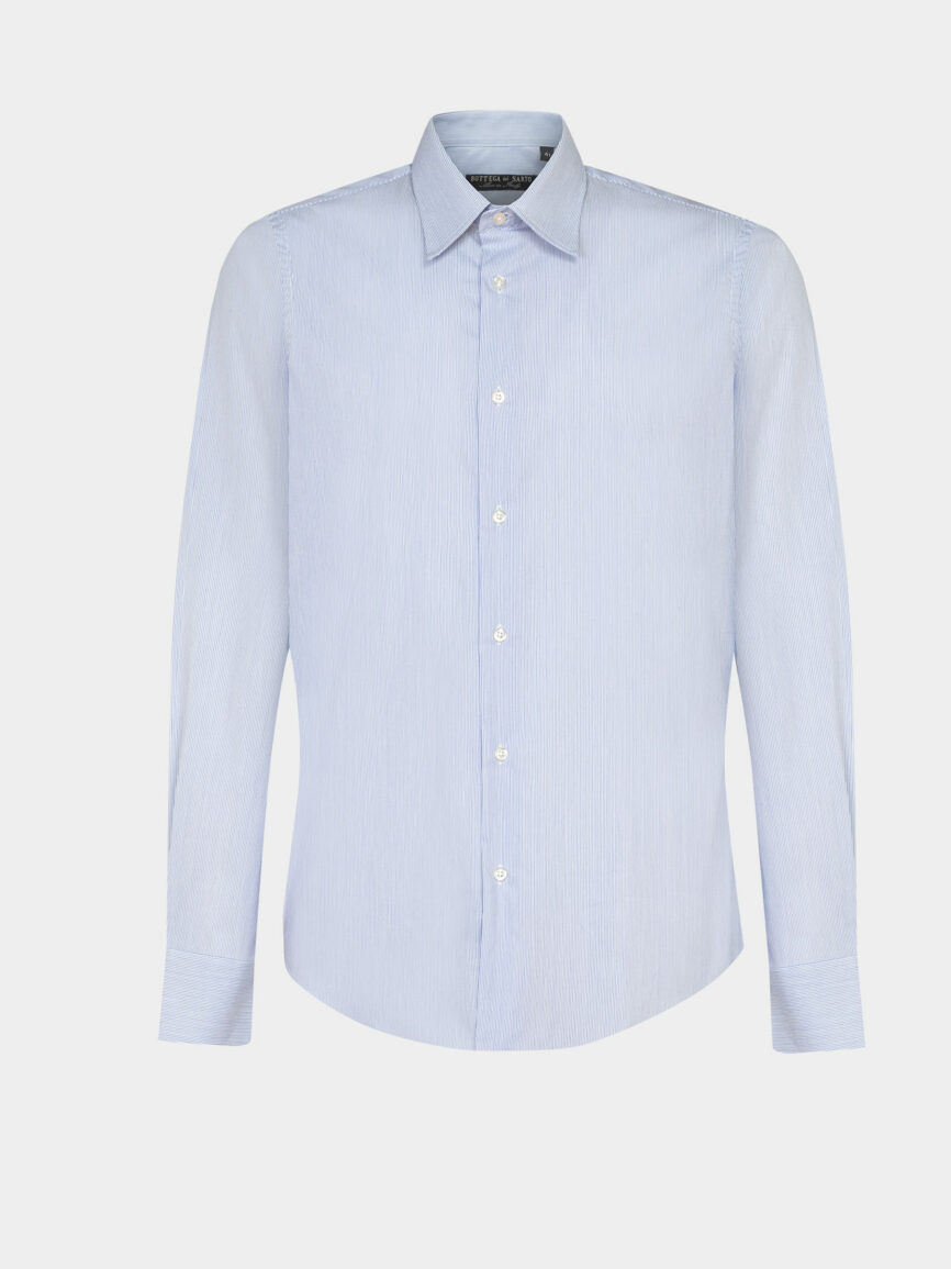 Camicia Blu a righe diagonali in popeline di cotone Elasticizzato Slim Fit
